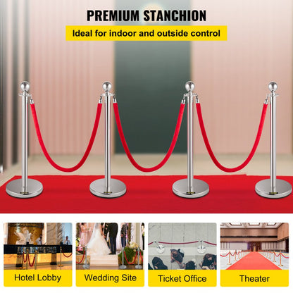 Silver Stanchions 4Pcs - 38" Durable Stainless Steel Posts with Velvet Ropes