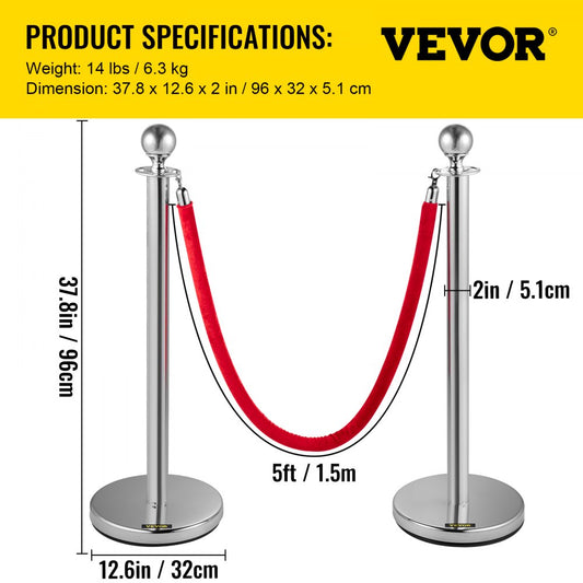 Silver Stanchions 4Pcs - 38" Durable Stainless Steel Posts with Velvet Ropes