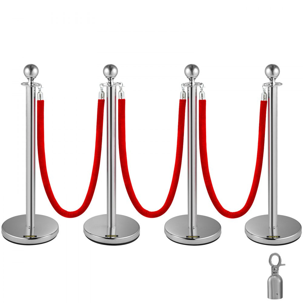 Silver Stanchions 4Pcs - 38" Durable Stainless Steel Posts with Velvet Ropes