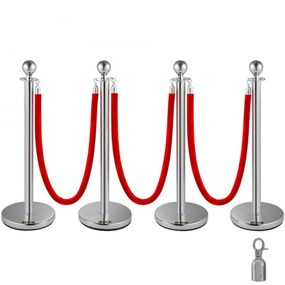 Silver Stanchions 4Pcs - 38" Durable Stainless Steel Posts with Velvet Ropes