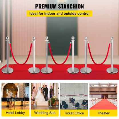 Sliver Stanchions 6Pcs - 5ft Red Rope Crowd Control Posts, Durable Stainless Steel