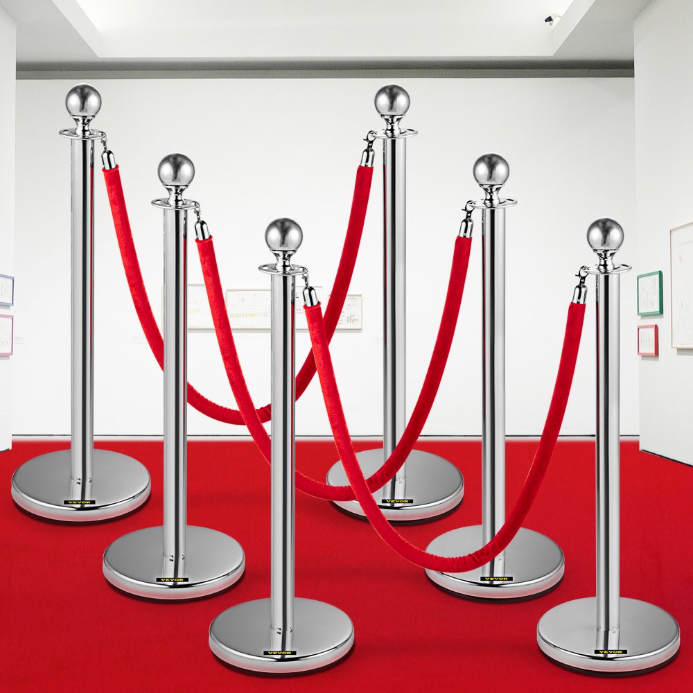Sliver Stanchions 6Pcs - 5ft Red Rope Crowd Control Posts, Durable Stainless Steel