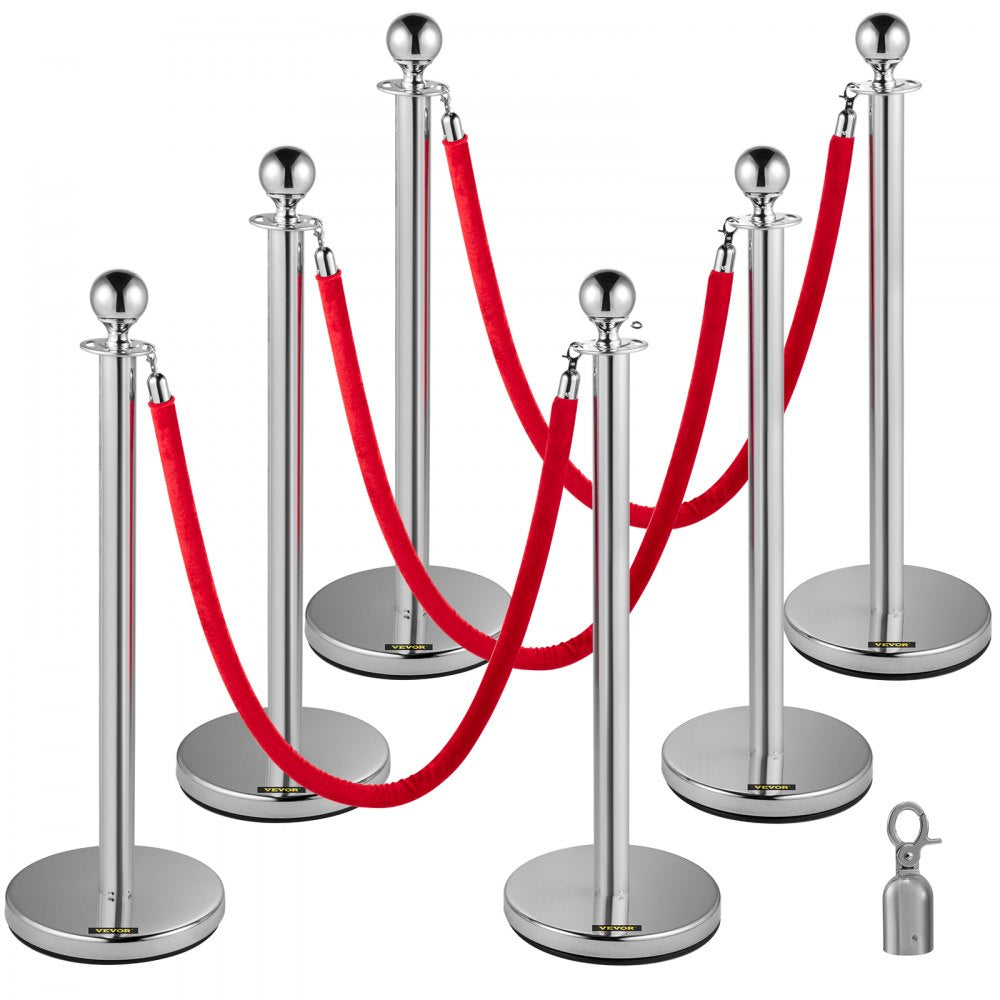 Sliver Stanchions 6Pcs - 5ft Red Rope Crowd Control Posts, Durable Stainless Steel