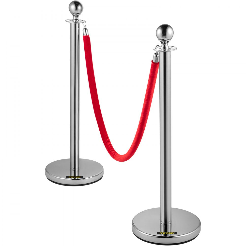 Sliver Stanchions 6Pcs - 5ft Red Rope Crowd Control Posts, Durable Stainless Steel