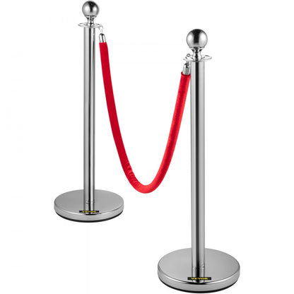 Sliver Stanchions 6Pcs - 5ft Red Rope Crowd Control Posts, Durable Stainless Steel