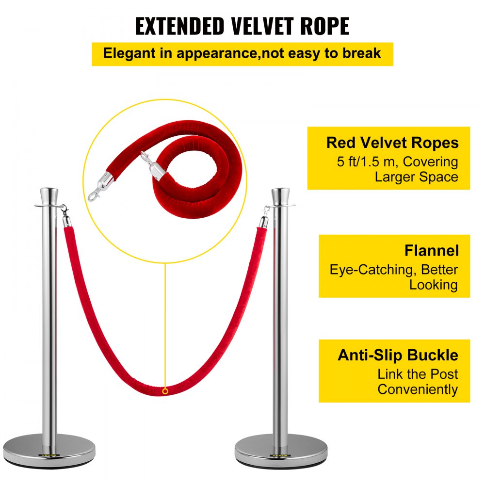 Heavy Duty - 5 ft Velvet Rope Stanchion Set with Steel Posts