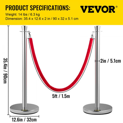Heavy Duty - 5 ft Velvet Rope Stanchion Set with Steel Posts
