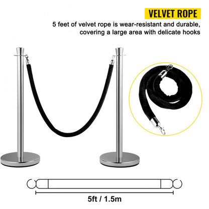 VV-SS-SBLR2HGT - 2-Piece Stainless Steel Stanchion Set with 5ft Velvet Rope