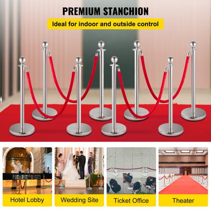 Heavy Duty - 8 Silver Stanchions with 5ft Red Velvet Rope