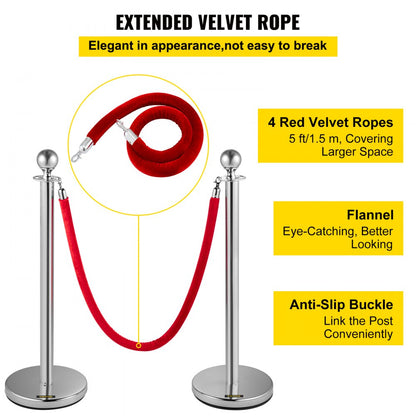 Heavy Duty - 8 Silver Stanchions with 5ft Red Velvet Rope