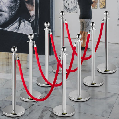 Heavy Duty - 8 Silver Stanchions with 5ft Red Velvet Rope