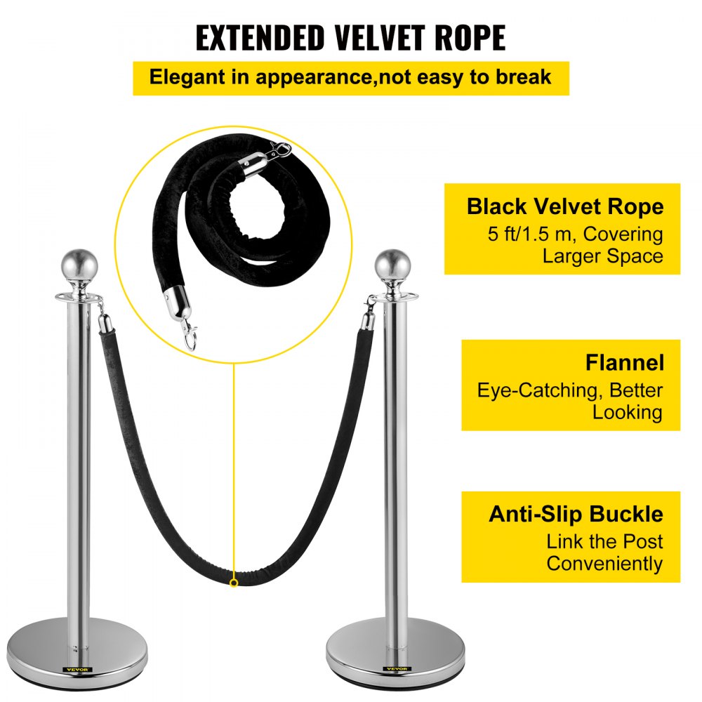 Heavy Duty - Stainless Steel Stanchion Set with 5ft Velvet Rope
