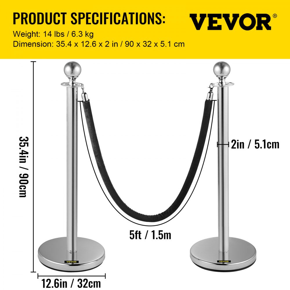 Heavy Duty - Stainless Steel Stanchion Set with 5ft Velvet Rope