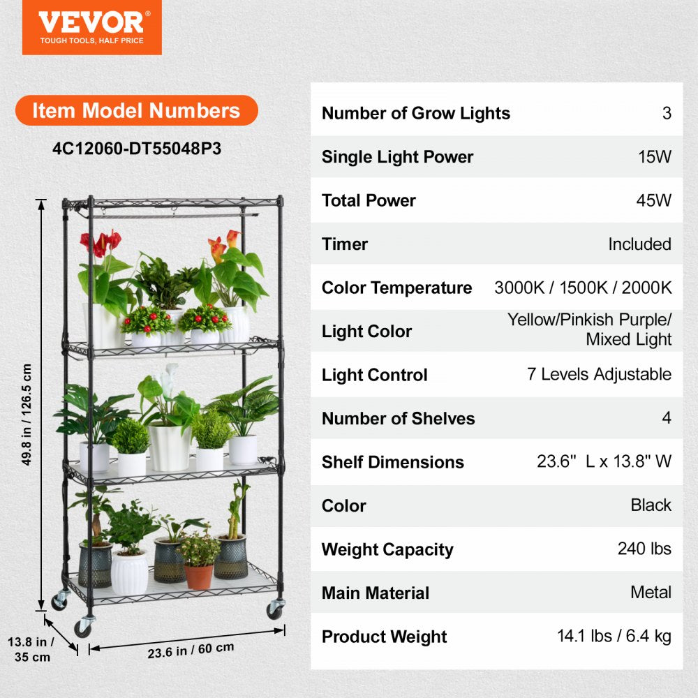 4C12060-DT55048P3-US - 49.8in Adjustable Plant Stand with 45W LED Grow Light