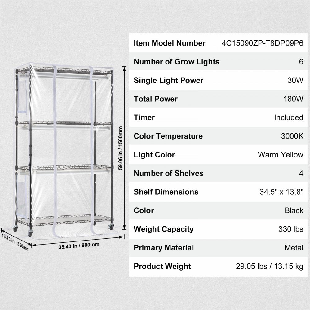 4C15090-T8DP09P6-US - 180W Metal Plant Stand with Grow Light & Timer