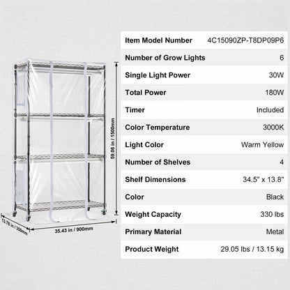 4C15090-T8DP09P6-US - 180W Metal Plant Stand with Grow Light & Timer