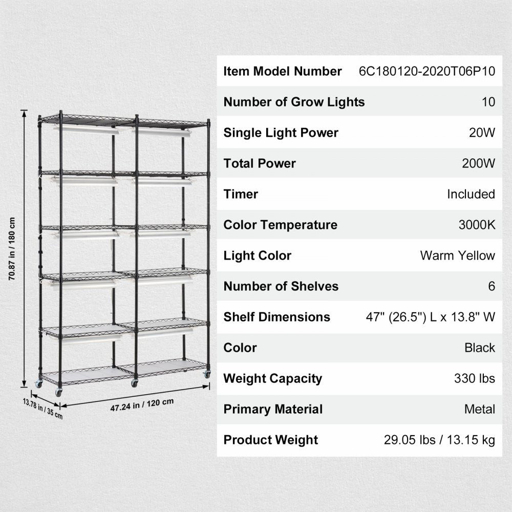 6C180120-2020T06P10-US - 200W Steel Plant Stand with Adjustable Grow Light Panels