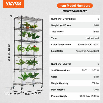 4C15090-2020T06P3-US - 6-Shelf Plant Stand with 150W LED Grow Light 29.5"x13.8"x70.9"