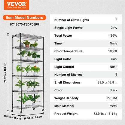 6C18075-T8DP06P8-US - 29.5"x13.8"x70.9" Steel Plant Stand with 192W LED Grow Light