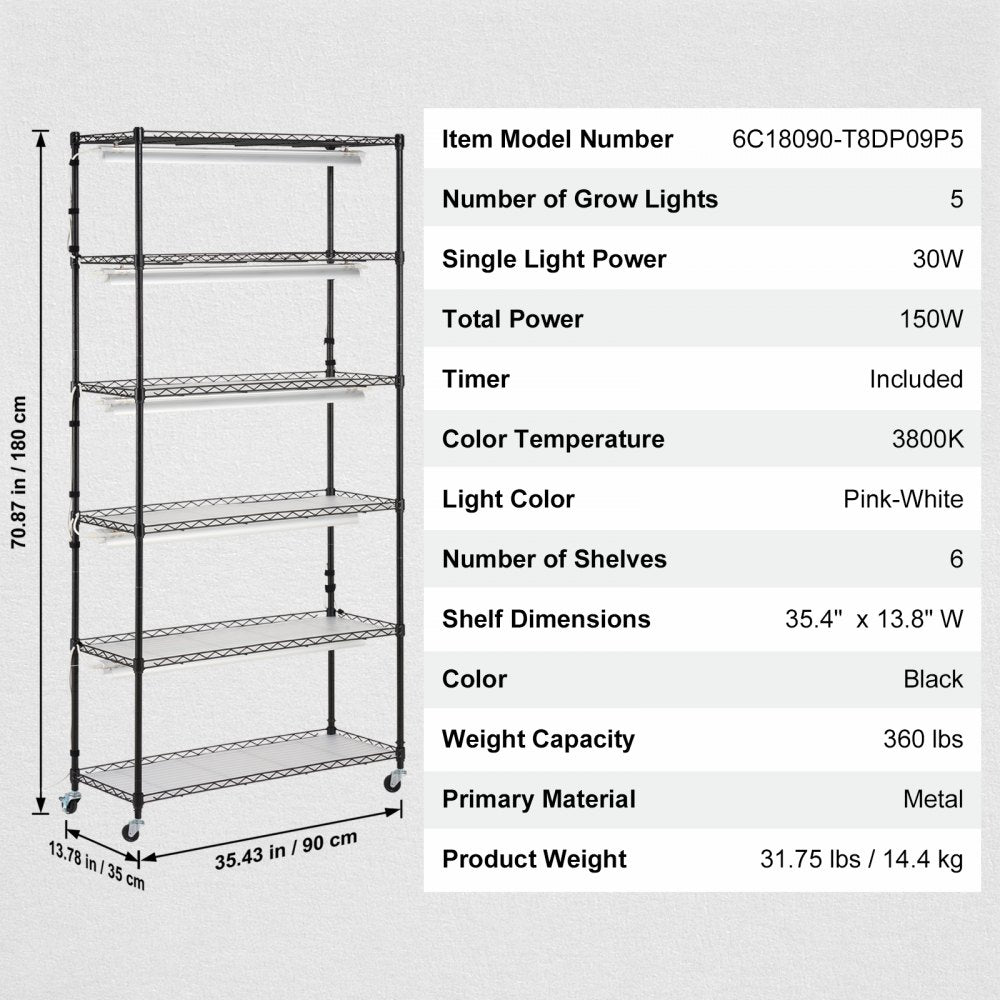 6C18090-T8DP09P5-US - 35.43" Steel Plant Stand with 150W LED Grow Light