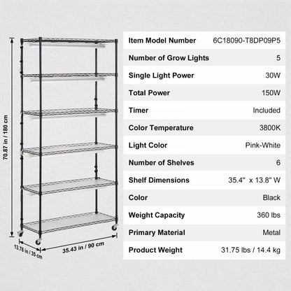 6C18090-T8DP09P5-US - 35.43" Steel Plant Stand with 150W LED Grow Light