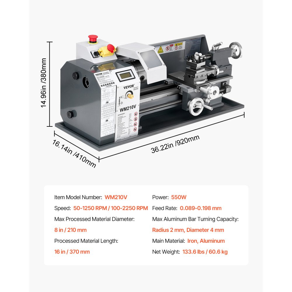 WM210V - Versatile 8x16" Metal Lathe with Adjustable Speed and Threading Options