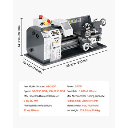 WM210V - Versatile 8x16" Metal Lathe with Adjustable Speed and Threading Options