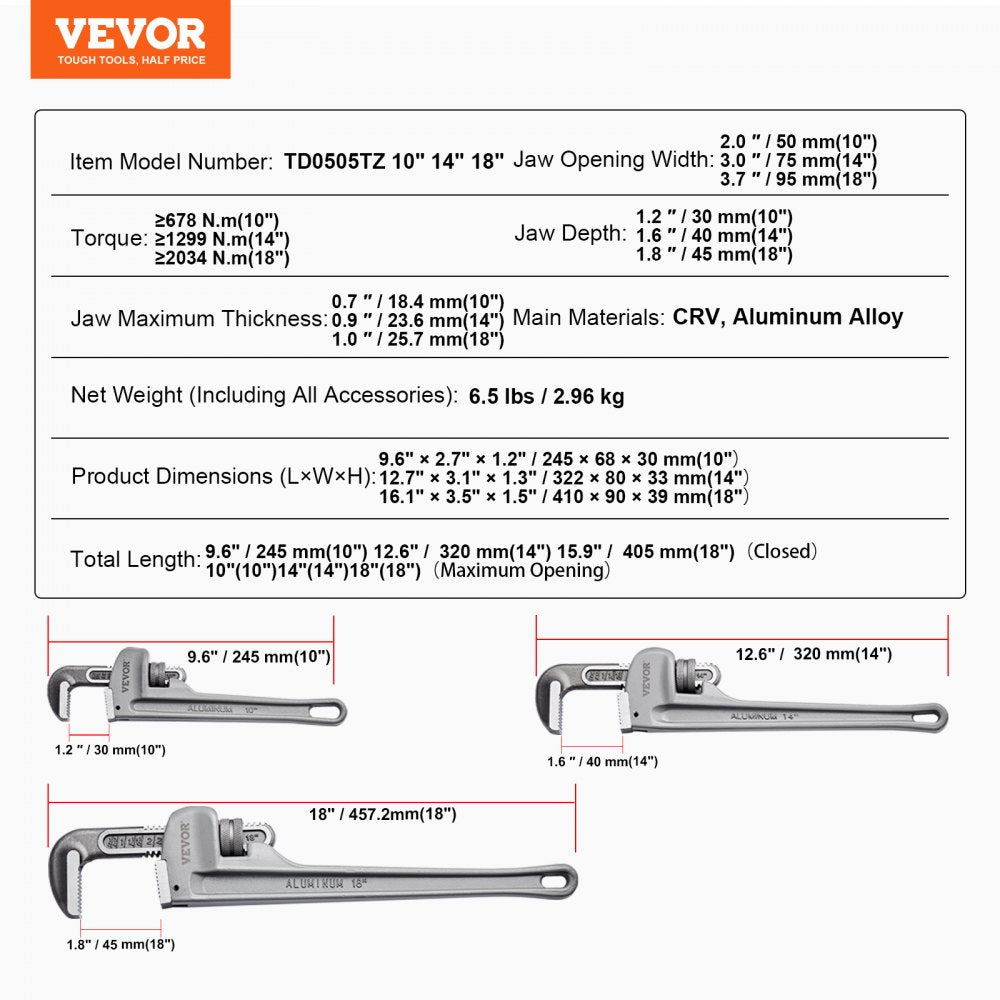 TD0505TZ - 3-Piece Lightweight Aluminum Pipe Wrench Set, 10", 14", 18"