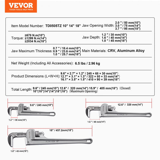 TD0505TZ - 3-Piece Lightweight Aluminum Pipe Wrench Set, 10", 14", 18"