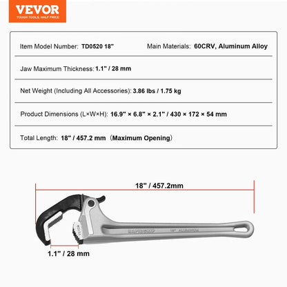 TD0520 18" - Lightweight Aluminum Heavy-Duty Pipe Wrench with Ergonomic Handle