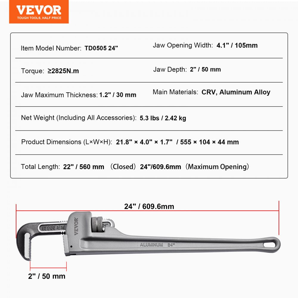 TD0505 24" - Lightweight Aluminum Pipe Wrench with Ergonomic Handle