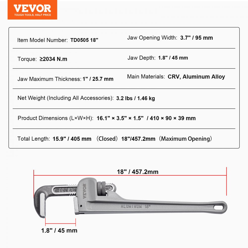 TD0505 18" Lightweight Aluminum Pipe Wrench - Sturdy & Durable Design