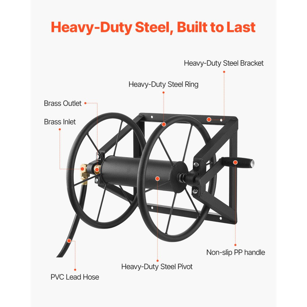 HR-703-2 - Heavy-Duty 200ft Wall-Mounted Hose Reel with Brass Fittings