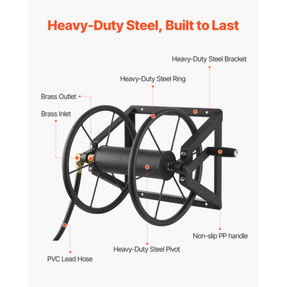 HR-703-2 - Heavy-Duty 200ft Wall-Mounted Hose Reel with Brass Fittings