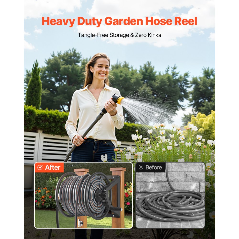 HR-703-2 - Heavy-Duty 200ft Wall-Mounted Hose Reel with Brass Fittings