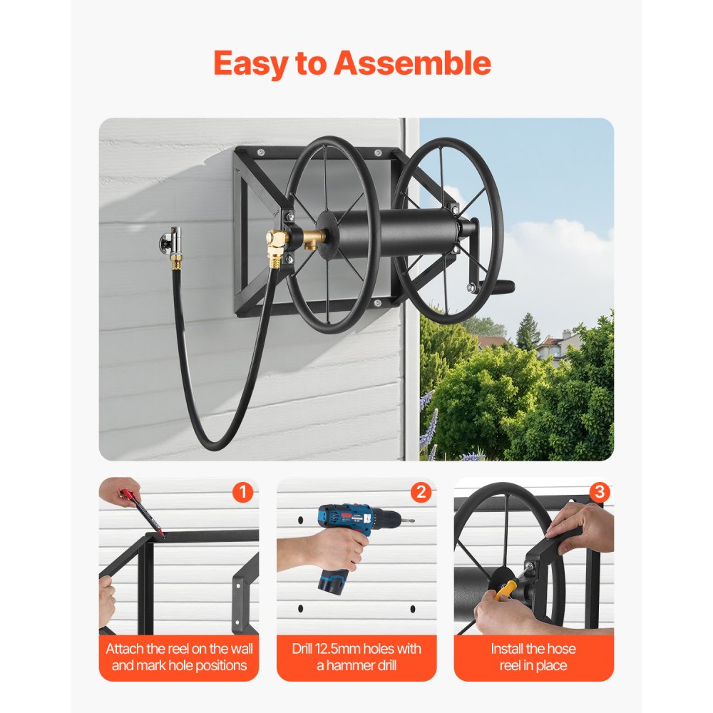 HR-703-2 - Heavy-Duty 200ft Wall-Mounted Hose Reel with Brass Fittings