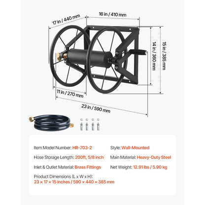 HR-703-2 - Heavy-Duty 200ft Wall-Mounted Hose Reel with Brass Fittings