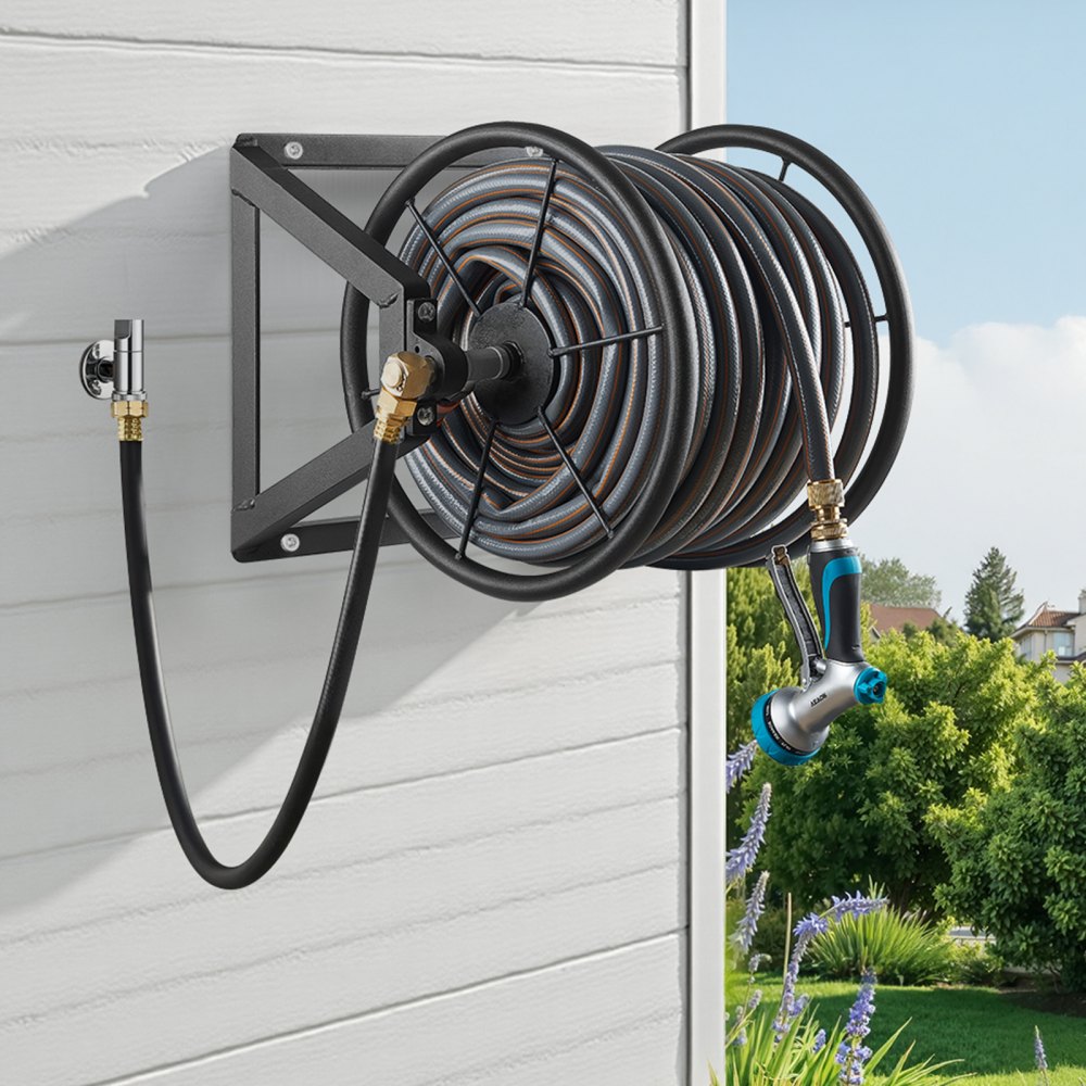 HR-703-2 - Heavy-Duty 200ft Wall-Mounted Hose Reel with Brass Fittings