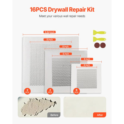 SET - 16PCS Wall Repair Kit with 8"x8", 6"x6", and 4"x4" Patches