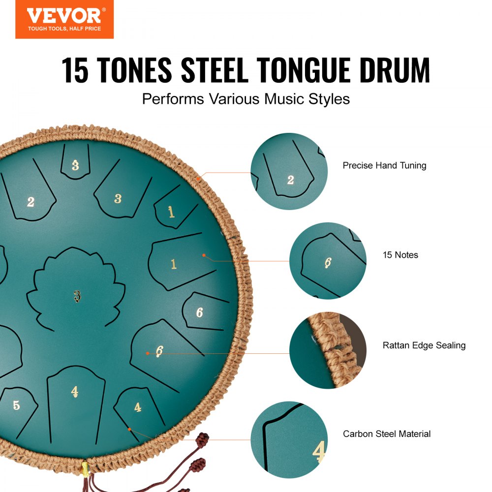 14 inch-C major-green - Handcrafted Carbon Steel Drum with 15 Notes