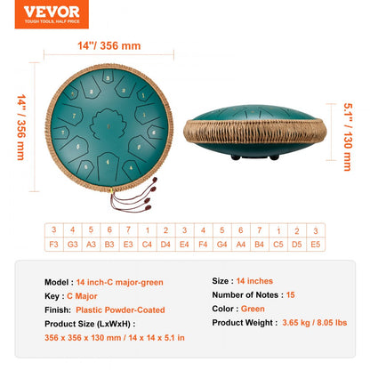 14 inch-C major-green - Handcrafted Carbon Steel Drum with 15 Notes