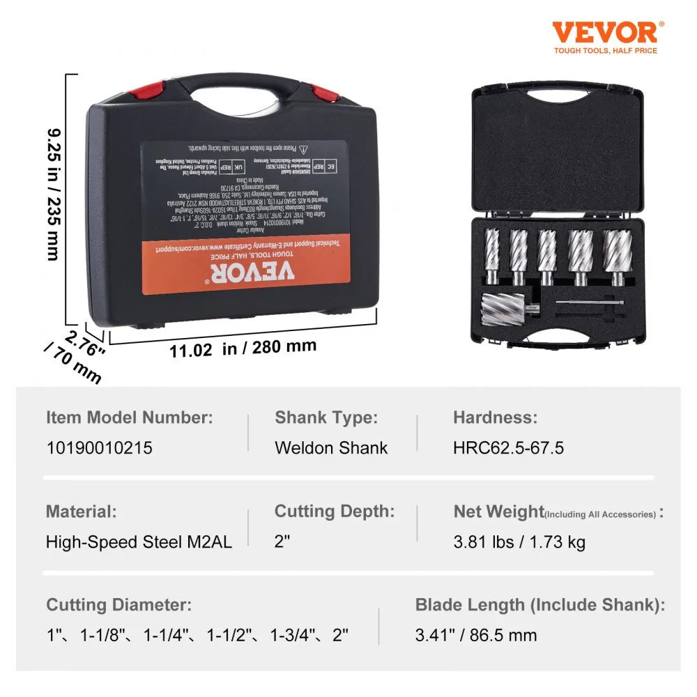 10190010215 - VEVOR 6-Piece Annular Cutter Set, 1" to 2" Steel Drill Bits