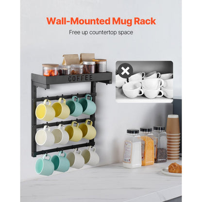 MUG-XM004 - Wall-Mounted Coffee Mug Rack with 12 Hooks and Top Shelf
