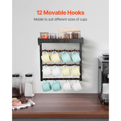 MUG-XM004 - Wall-Mounted Coffee Mug Rack with 12 Hooks and Top Shelf