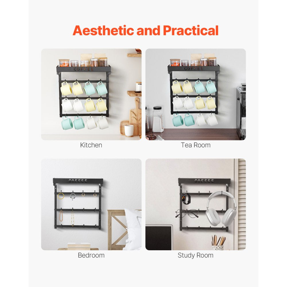 MUG-XM004 - Wall-Mounted Coffee Mug Rack with 12 Hooks and Top Shelf