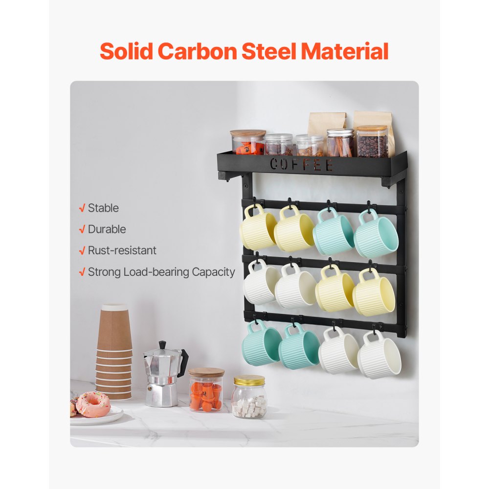 MUG-XM004 - Wall-Mounted Coffee Mug Rack with 12 Hooks and Top Shelf