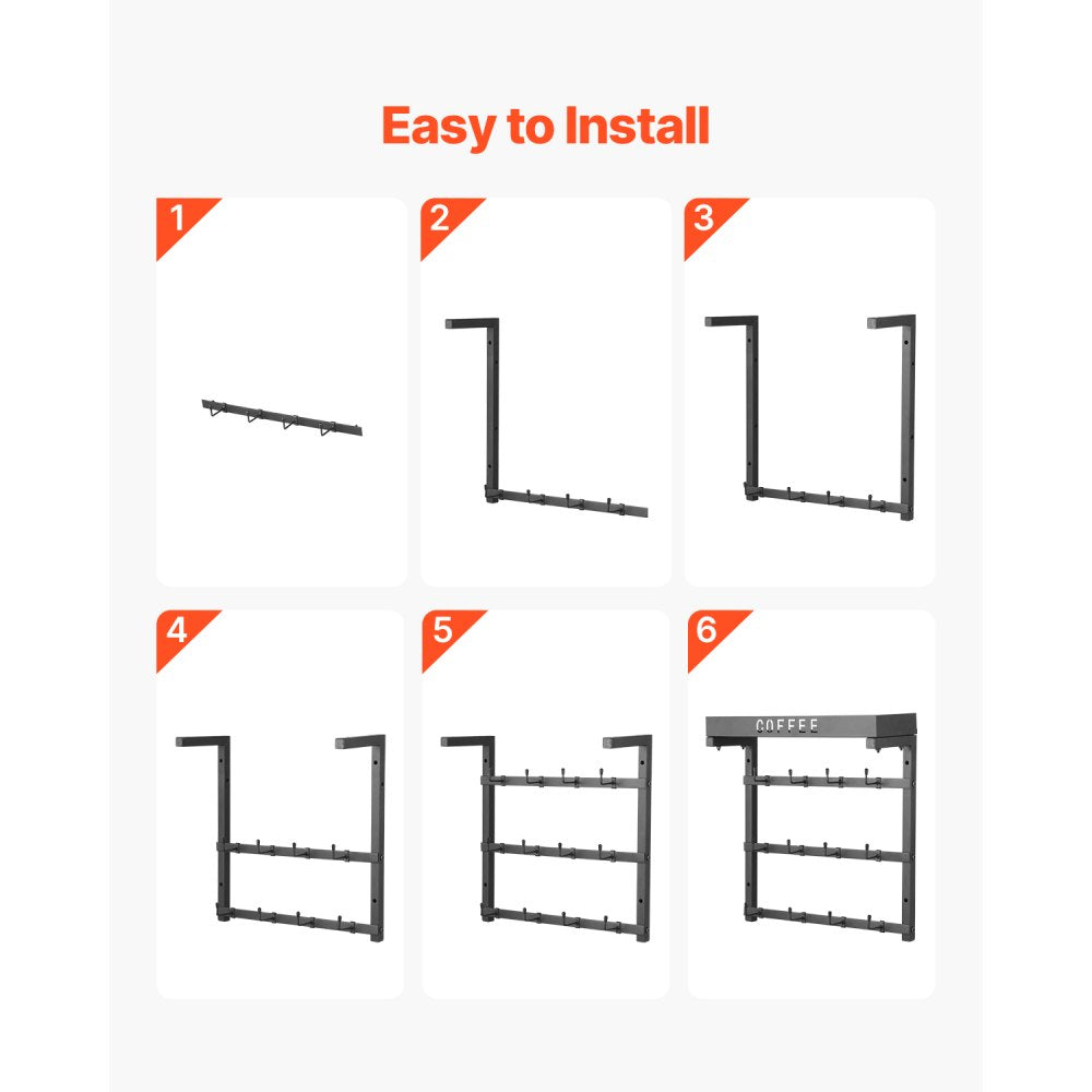 MUG-XM004 - Wall-Mounted Coffee Mug Rack with 12 Hooks and Top Shelf