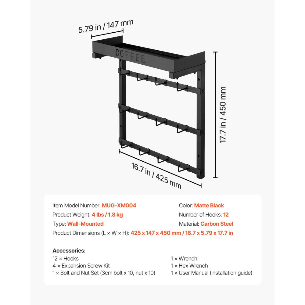 MUG-XM004 - Wall-Mounted Coffee Mug Rack with 12 Hooks and Top Shelf