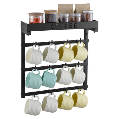 MUG-XM004 - Wall-Mounted Coffee Mug Rack with 12 Hooks and Top Shelf