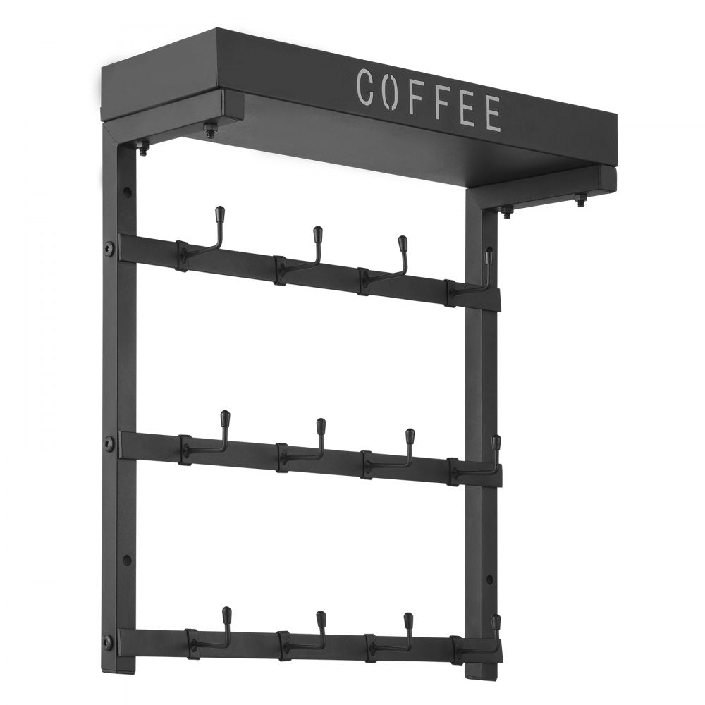 MUG-XM004 - Wall-Mounted Coffee Mug Rack with 12 Hooks and Top Shelf
